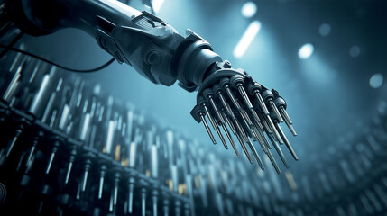 Carbon Capture and Storage. CCS. Robotic arm working on carbon filter modules for maintenance.