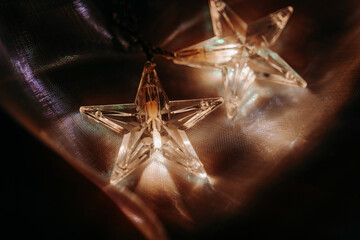 Star Shaped Fairy Light.Decorative Star Lights with glittering iridescent fabric.Warm yellow stars...
