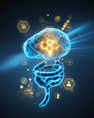Gut brain axis. Serotonin molecule representation in brain-digestive interaction concept.