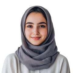 Beautiful Muslim woman in hijab, her striking eyes and friendly smile expression reflect beauty, isolated on transparent background. PNG