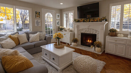 Cozy living room with warm fall colors, featuring fireplace and decorative elements