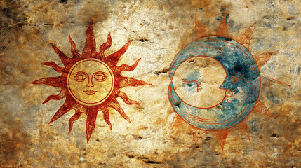 Boho texture overlay. Backgrounds. Overlay design. Textile mockups. Packaging. Social media templates. Vintage sun and moon symbols on stone surface