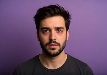 Obraz premium Portrait of a young man with a beard against a purple background, looking tired.