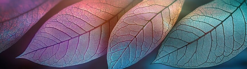 Obraz premium Close-up view of translucent leaves with intricate vein patterns in soft gradient colors of purple, pink, orange, and blue creating a delicate and calming atmosphere