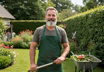 Happy Gardener  Smiling Man in His Lush Green Garden