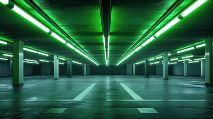 Modern underground parking garage with vibrant green lighting and empty spaces