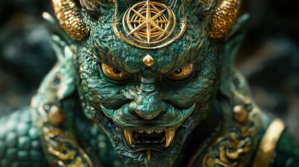 Green Gold Oni Demon Mask Closeup