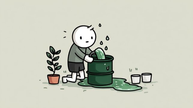 Collecting rainwater in a barrel, the stick figure models smart water conservation practices for sustainable living.
