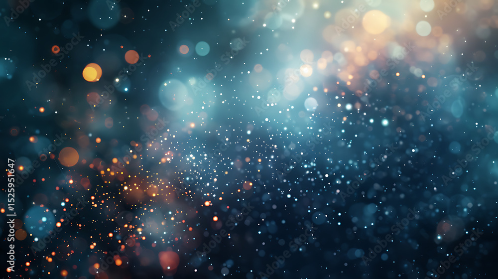 Poster abstract dark blue background with glowing bokeh lights and sparkling glitter creating a magical fes