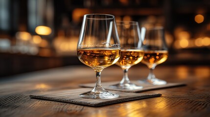 Obraz premium Whiskey tasting flight, bar, pub, amber liquid, wooden coaster