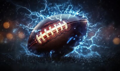 Close-up of an American football on grass surrounded by blue electric lightning effects creating an intense and dynamic atmosphere