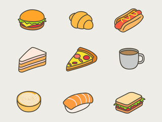 A colorful flat-style food icon set featuring burgers, pizza, sushi, coffee, and more—perfect for apps, menus, or graphics.