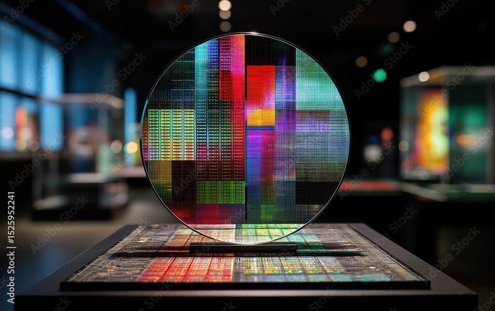 Poster round reflective mirror capturing multicolor lattice of microchip components under studio lighting, 