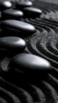 Zen garden with raked dark sand and black stones arranged in a linear pattern promoting meditation and relaxation.