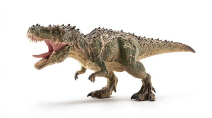 Naklejka premium Detailed toy model of a fierce green and beige dinosaur with textured scaly skin, wide-open mouth revealing sharp white teeth and pink interior, yellow eyes with dark pupils, dark spikes along back an