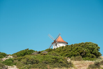 The Moulin Mattei windmill, built at the end of the 18th century, stands on the Cap Corse peninsula on the Mediterranean island of Corsica