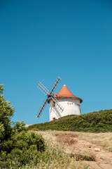 The Moulin Mattei windmill, built at the end of the 18th century, stands on the Cap Corse peninsula on the Mediterranean island of Corsica