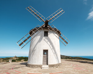 The Moulin Mattei windmill, built at the end of the 18th century, stands on the Cap Corse peninsula on the Mediterranean island of Corsica