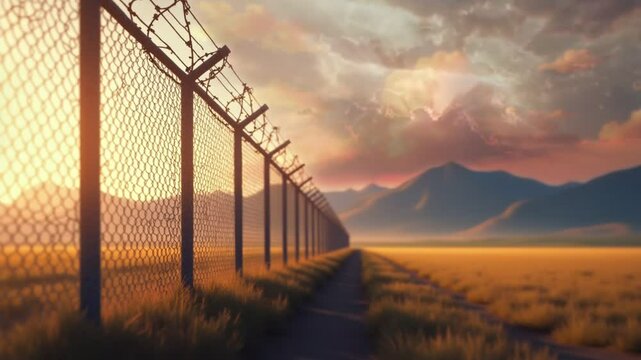 A barbed wire fence stretches along a dirt path in a golden field at sunset, with warm light casting long shadows and mountains in the distance under a glowing sky.