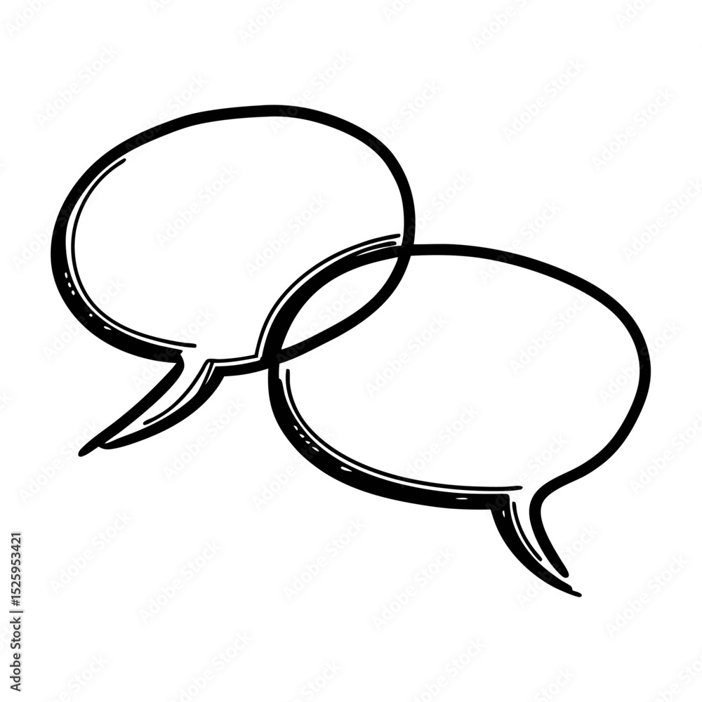 Poster two overlapping speech bubbles with thick black outlines and distinct tail shapes on a white backgro
