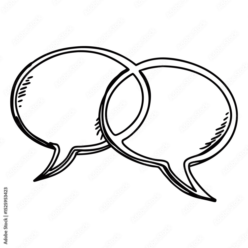 Poster illustration of two overlapping speech bubbles with hand drawn style in black and white color scheme