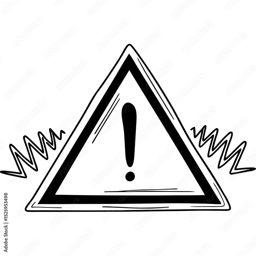 Poster a black and white drawing of a warning sign with an exclamation point and zig zag lines on either si