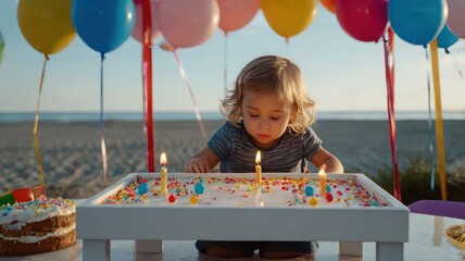 A young child celebrating a birthday with cake and balloons on a beach setting with ocean view behind