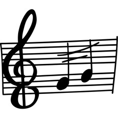 Illustration of a treble clef and two musical notes on a staff with five horizontal lines drawn in black