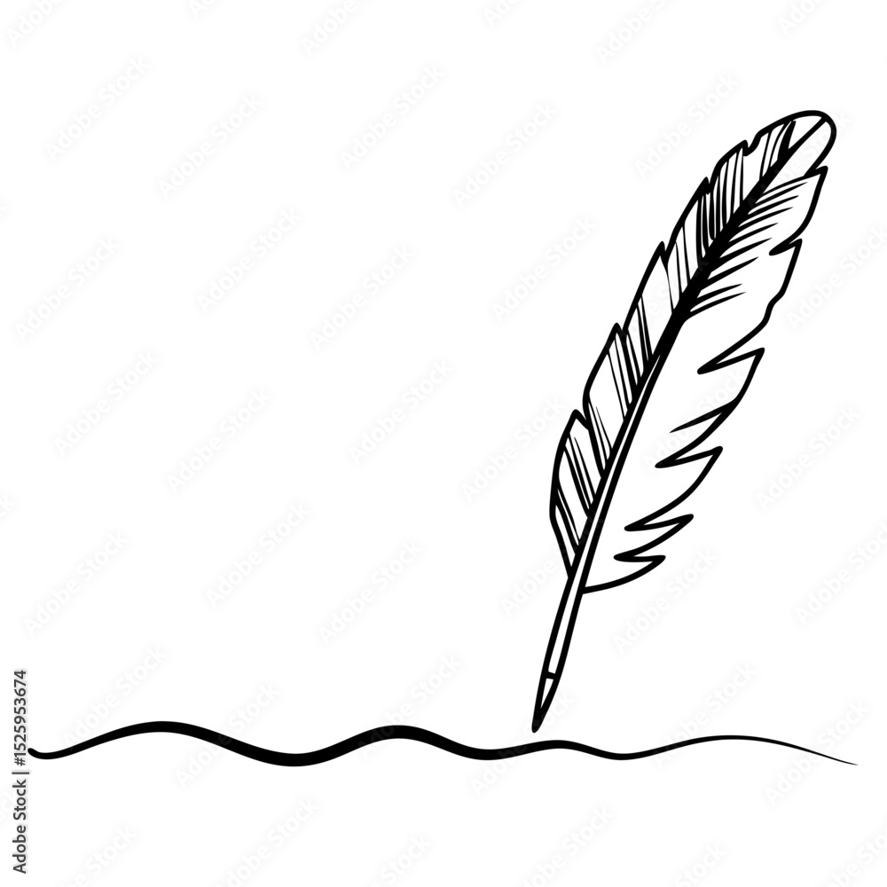 Poster a simple black and white drawing of a feather quill with ink line showcasing artistic expression too