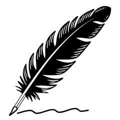 Fototapeta premium A black and white illustration showcasing a detailed feather with a wavy line underneath it on white