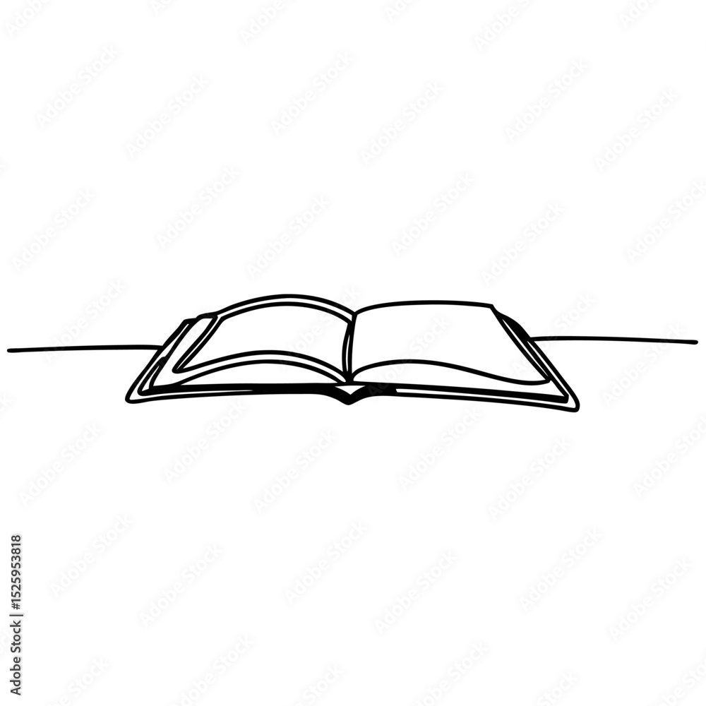 Poster a simple line drawing of an open book with pages displayed on a flat surface in black and white