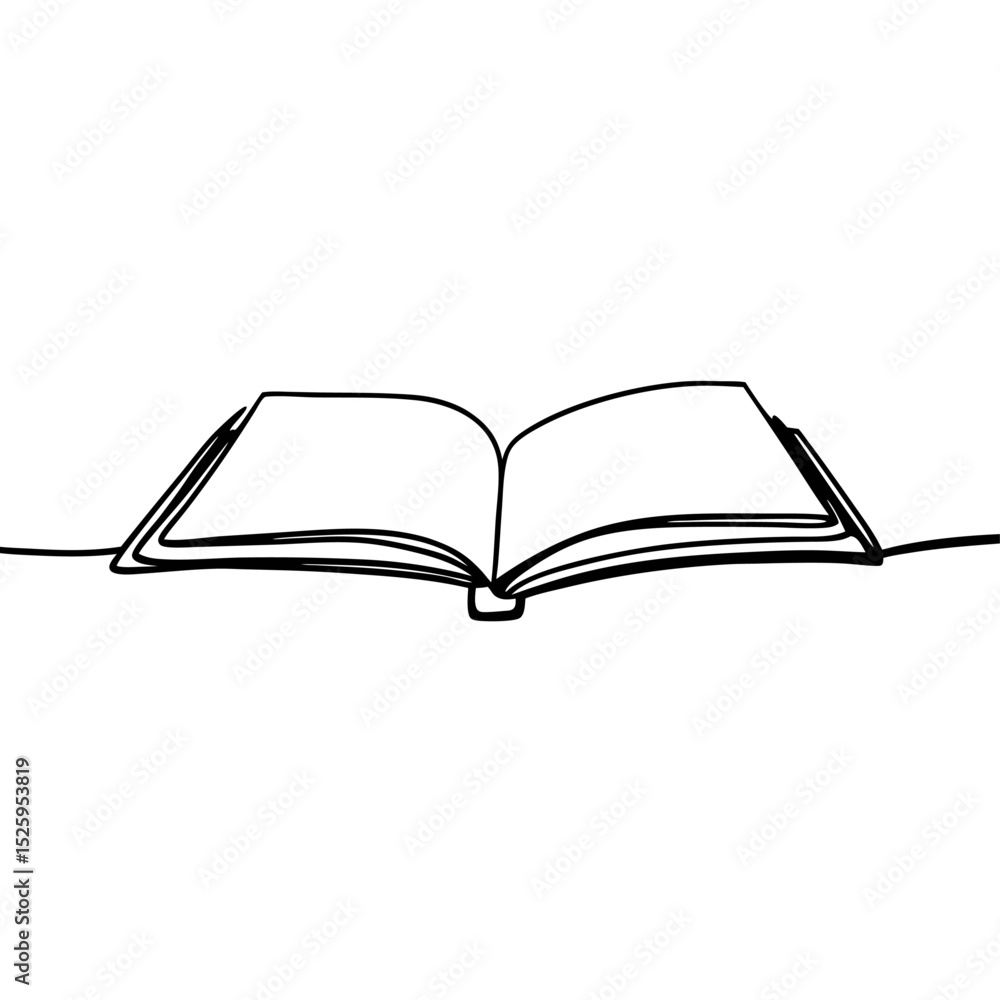 Poster illustration of an open book with blank pages drawn in a continuous single line on a white backgroun