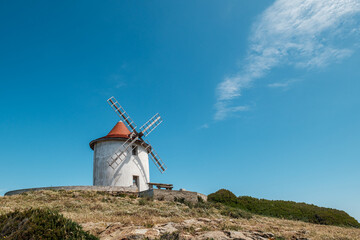 The Moulin Mattei windmill, built at the end of the 18th century, stands on the Cap Corse peninsula on the Mediterranean island of Corsica