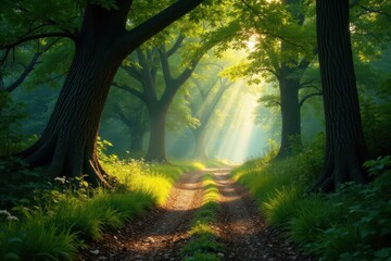 Sun-dappled path winds through ancient, shadowy woods,  secret,  untamed,  tone