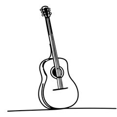Obraz premium Acoustic guitar standing upright with strings and headstock in a black and white line drawing style