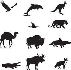 Wild animal silhouettes collection: vector illustrations of running safari, farm, and forest creatures like lions, elephants, horses, and bears