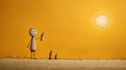 A stick figure under intense sunlight applies sunscreen, demonstrating a simple step for protecting skin and preventing cancer.
