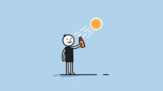 Sun is bright; stick figure uses sunscreen to block UV damage, promoting healthy skin and lowering cancer risks effectively.
