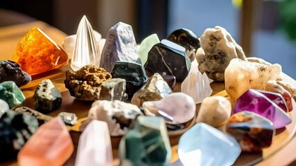 Collection of cut and raw gemstones in various colors and shapes arranged on a wooden tray for mineral and crystal enthusiasts - Powered by Adobe