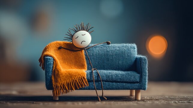 A stick figure wrapped in a blanket on a sofa symbolizes self-care and the need for rest during illness or exhaustion.
