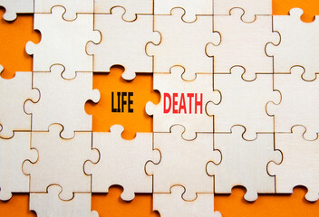 Fototapeta premium Life or Death symbol. Concept word Life or Death on wooden puzzle. Beautiful orange background. Business and Life or Death concept. Copy space