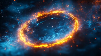 Abstract cosmic gateway with fiery ring and celestial sky illustration