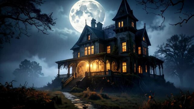 Eerie old Victorian mansion under a full moon with glowing windows and spooky trees on a foggy night, Halloween theme