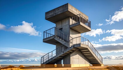 Modern concrete observation tower against a blue sky