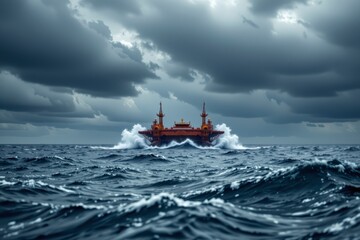Dramatic seascape featuring an offshore platform battling turbulent waves under a stormy sky with dark clouds
