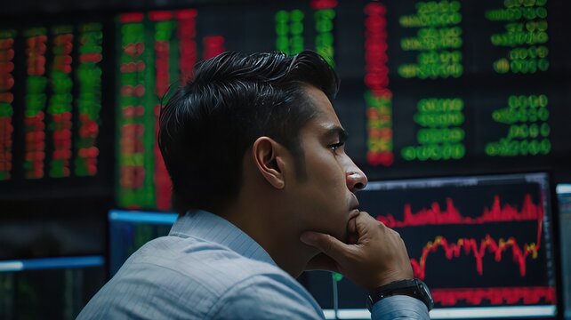 Man analyzing stock market data on multiple screens in a trading room with thoughtful expression