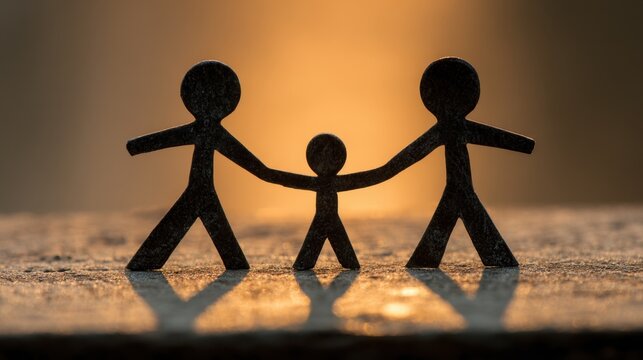 Guiding a child, two stick figures symbolize strong co-parenting partnerships focused on teamwork and child well-being.
