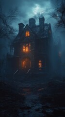 Haunted house, creating a spooky and atmospheric scene with eerie lighting and mysterious surroundings, Generative AI