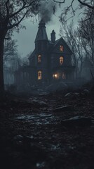 Haunted house, creating a spooky and atmospheric scene with eerie lighting and mysterious surroundings, Generative AI
