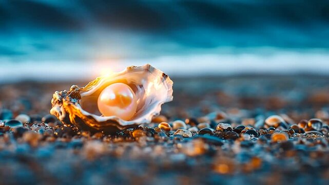 Iridescent pearl resting in an oyster shell on a pebble coastline marine still life